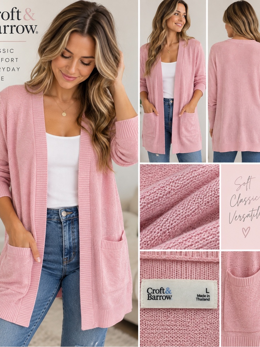 Croft & Barrow Pink Open Front Long Cardigan Sweater Pockets L
